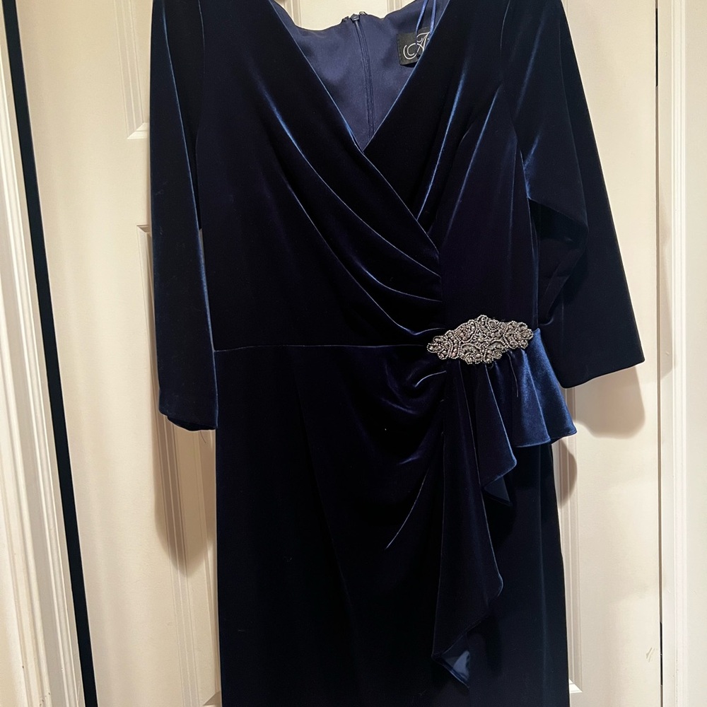 Alex Evenings Velvet Navy Dress with Silver Detail